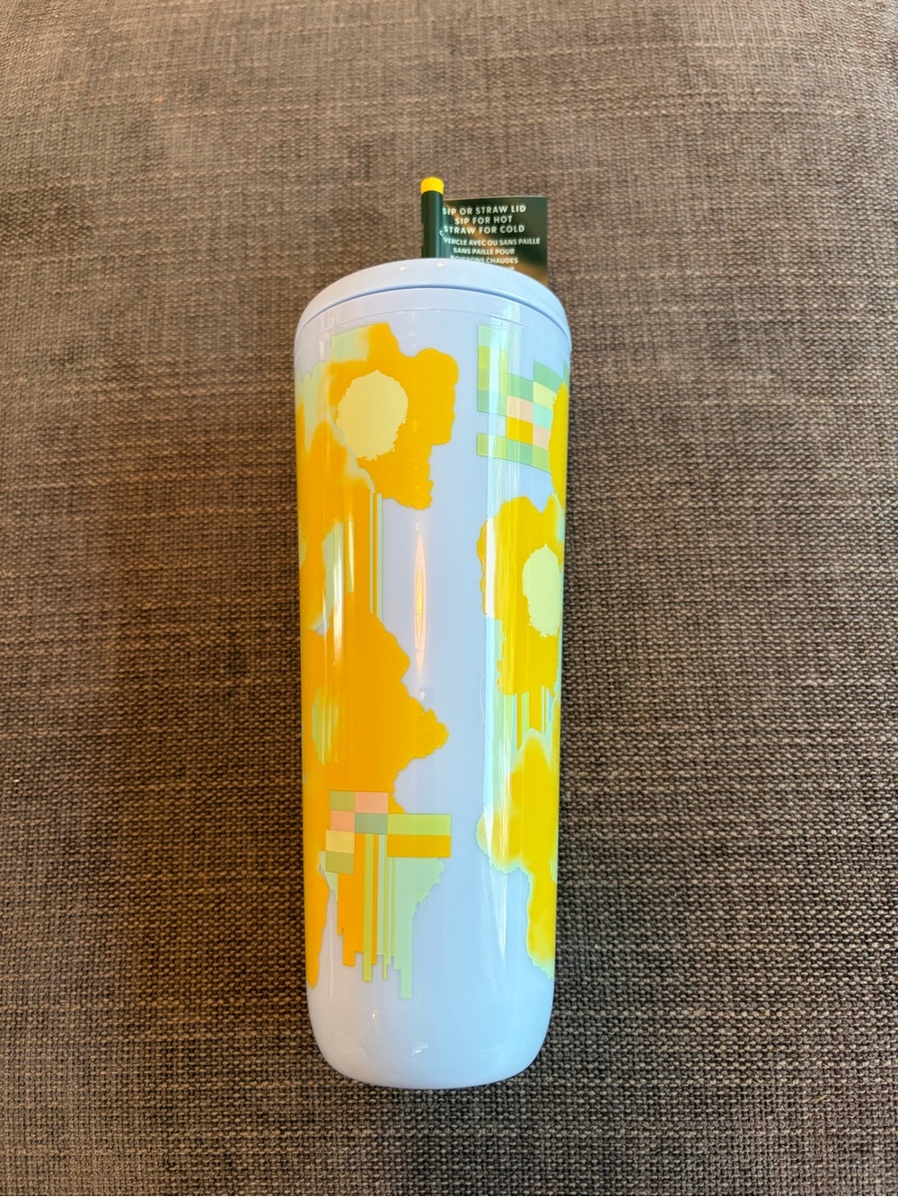 Light blue Starbucks Tumbler with Yellow Floral Graphic